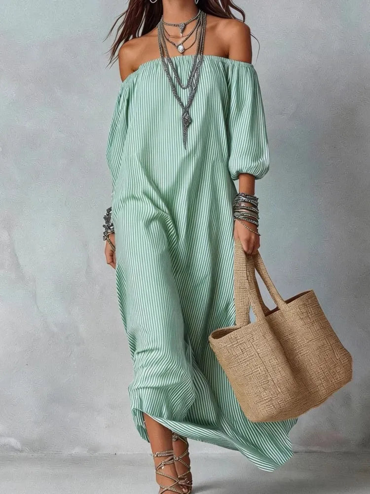 Casual Dresses New Spring Summer Elegant Striped Off-shoulder Loose Holiday Fashion Dress For Women Office Holiday Party Dress