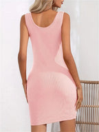 Fashion Solid U Neck Sleeveless  Flattering Bag Hip Bodycon Dress For Women Embracing Design Perfect for Casual & Party Style