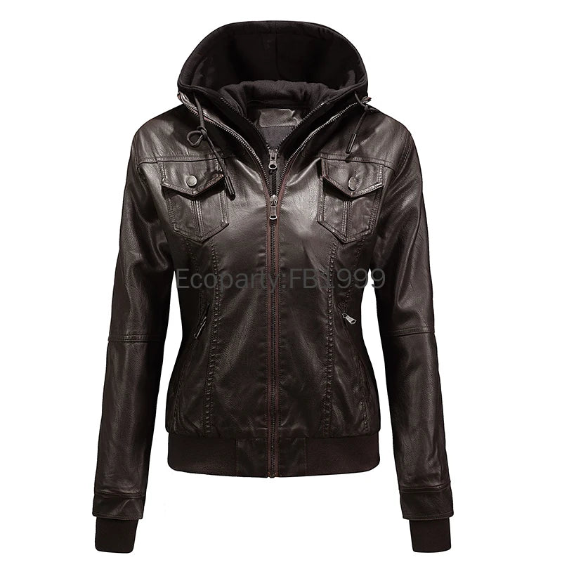 Veste Moto Femme Cuir PU – Capuche Amovible Slim Noir Streetwear