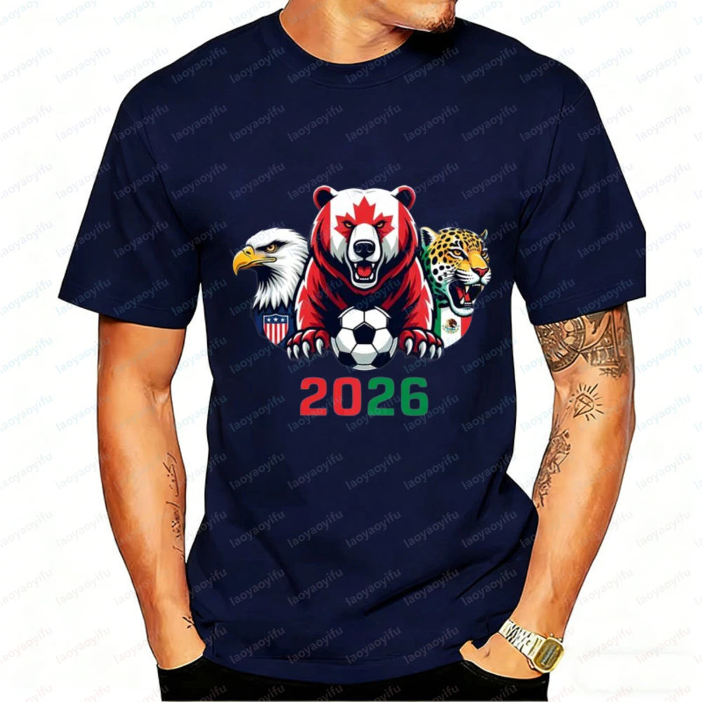 2026 North America Soccer T-Shirt for Men Women Bear Eagle Jaguar Mascot Graphic Tee Short Sleeve Cotton Tops for Football Fans
