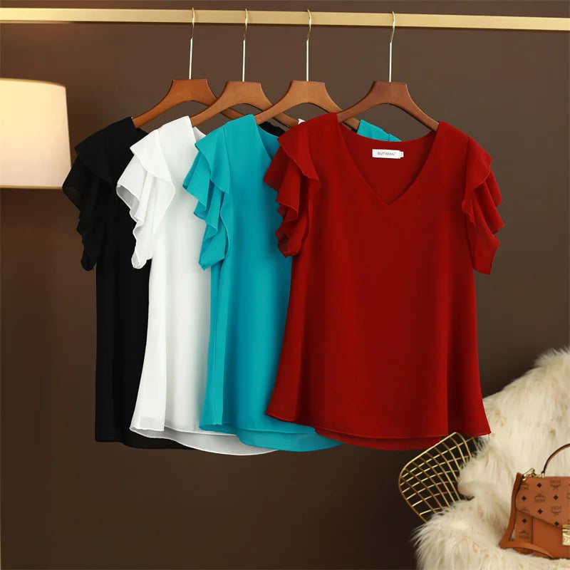 2026 Fashion Summer Dress Women Blouse Top New Short Sleeved V-neck Chiffon T-shirt Women's Loose and Versatile Small Shirt