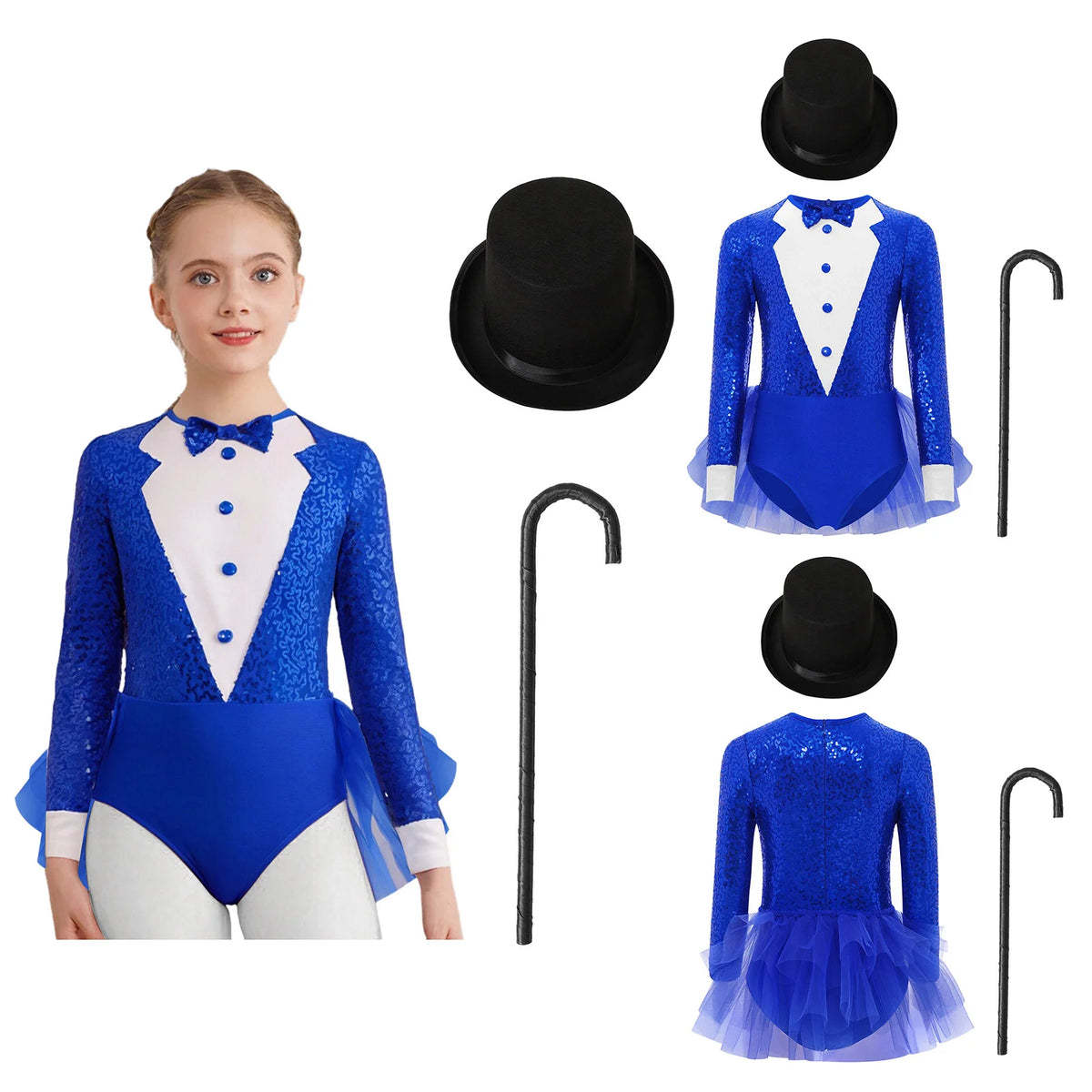 Kids Girls Majorette Leotards Showman Jazz Dance Costume Magician Outfit Tuxedos Bodysuit with Hat And Crutch Sequins Leotard