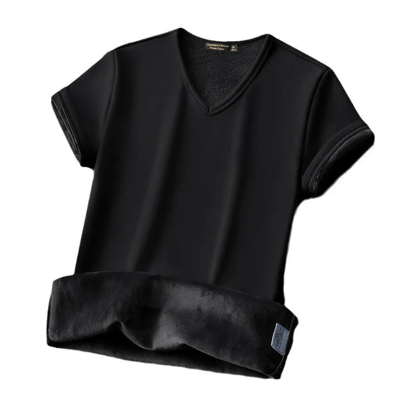 Men Thermal Velvet Shirt Short Sleeve V-Neck Base Shirt Autumn/Winter Thickened Warm Underwear Fleece Lined Slim Half Sleeve Top