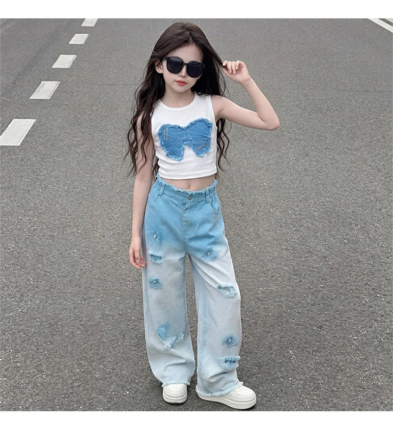 Teenage Girls Clothing Sets Hot Deals Bow Crop Top+Hole Wide Leg Jeans with Butterfly 2Pcs Fashion Gradient Child Clothes Suits