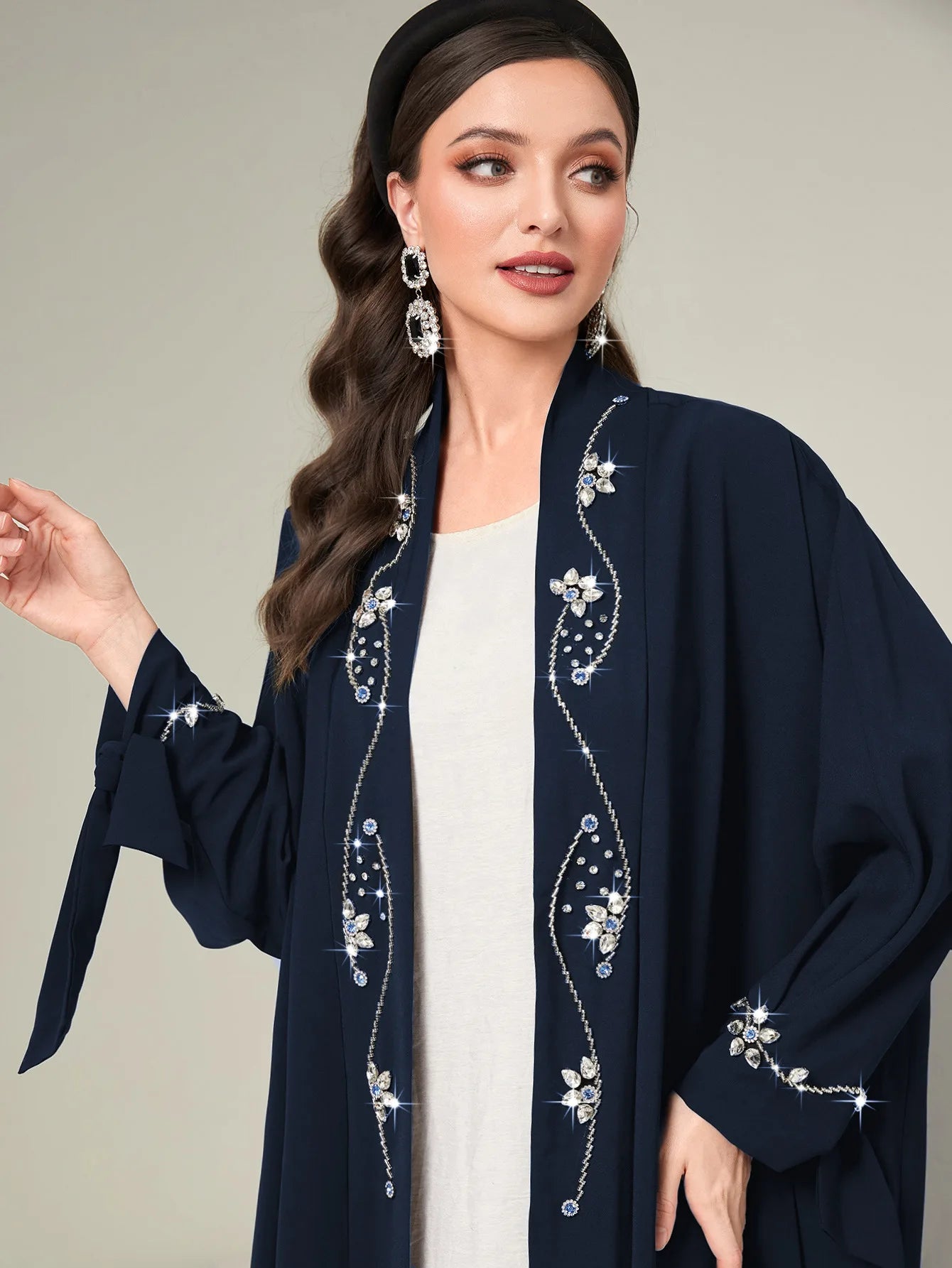 Abaya Cardigan Femme – Robe Longue Musulmane Soirée Éïd Détail Diamant