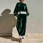Round Neck Velvet Set Women Balloon Long Sleeve Scallop Lace Hem Top & Wide Leg Pants Suit Elegant Casual Holiday 2 Piece Outfit