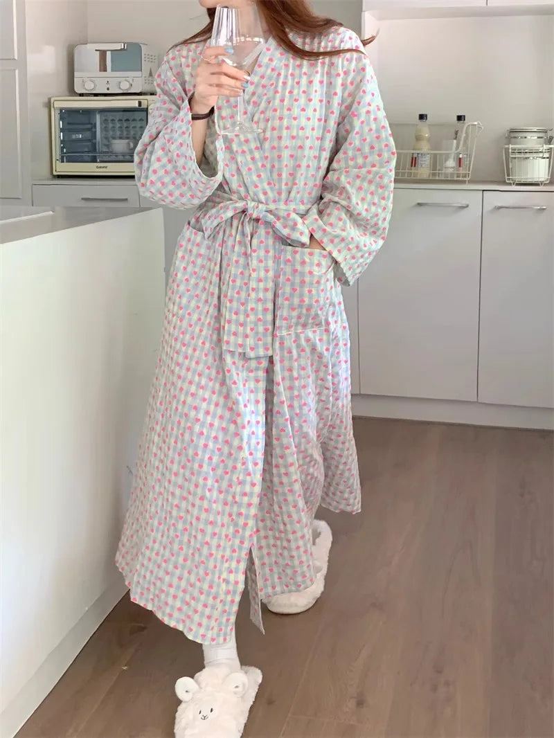 Women's Robe Bathrobe Bathing Love Plaid Loose Long Sleeve Long Kimono Pajamas V-neck Lace Up Trousers Nightgow Sexy Ladies Girl