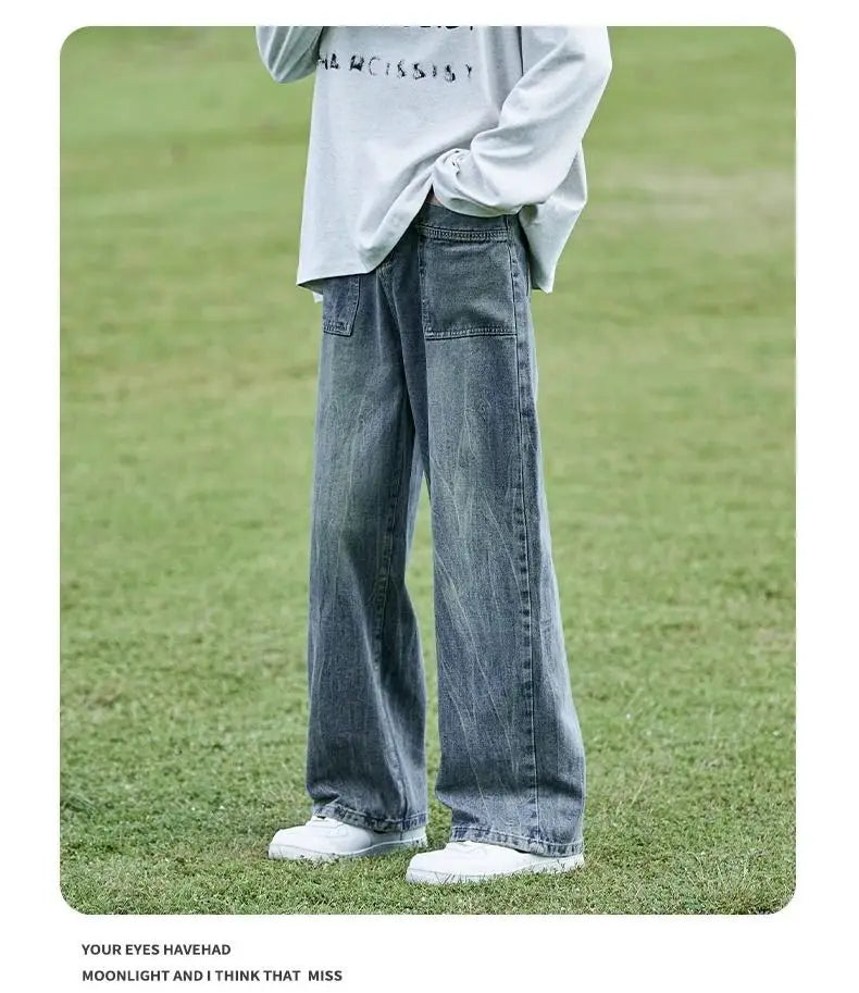 Retro Washed Cracked Jeans Men's Trendy Brand Ruffian Handsome High Street Pants Loose Straight Trousers Baggy Jeans for Man