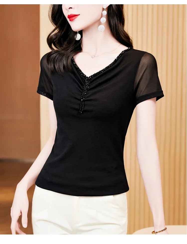 Women Fashion Diamonds V-neck Short Sleeve T-shirts Tops Girls High Stretchy Sheath Mesh Tee Shirts For Woman