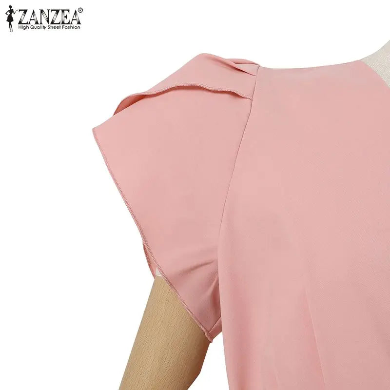 Women Fashion OL Work Sundress ZANZEA Elegant Summer Short Sleeve Dress Casual Solid A Line Vestido Kaftan Sarafans Robe Femme
