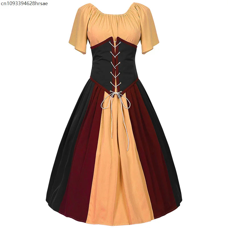 Costumes Halloween pour femmes,robe trapèze rétro médiévale,couleur contrastée,robe à épaules en un mot