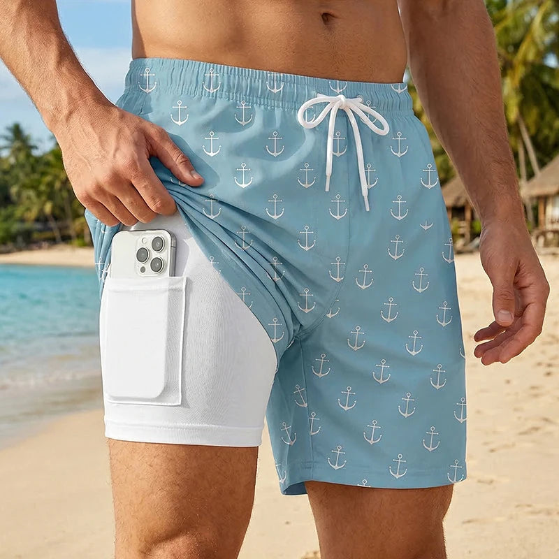 3D Print 2 in 1 Mens Swim Trunks Summer Quick Dry Beach Shorts with Phone Pocket Swimwear Swimsuit Bathing Suit  Board Shorts