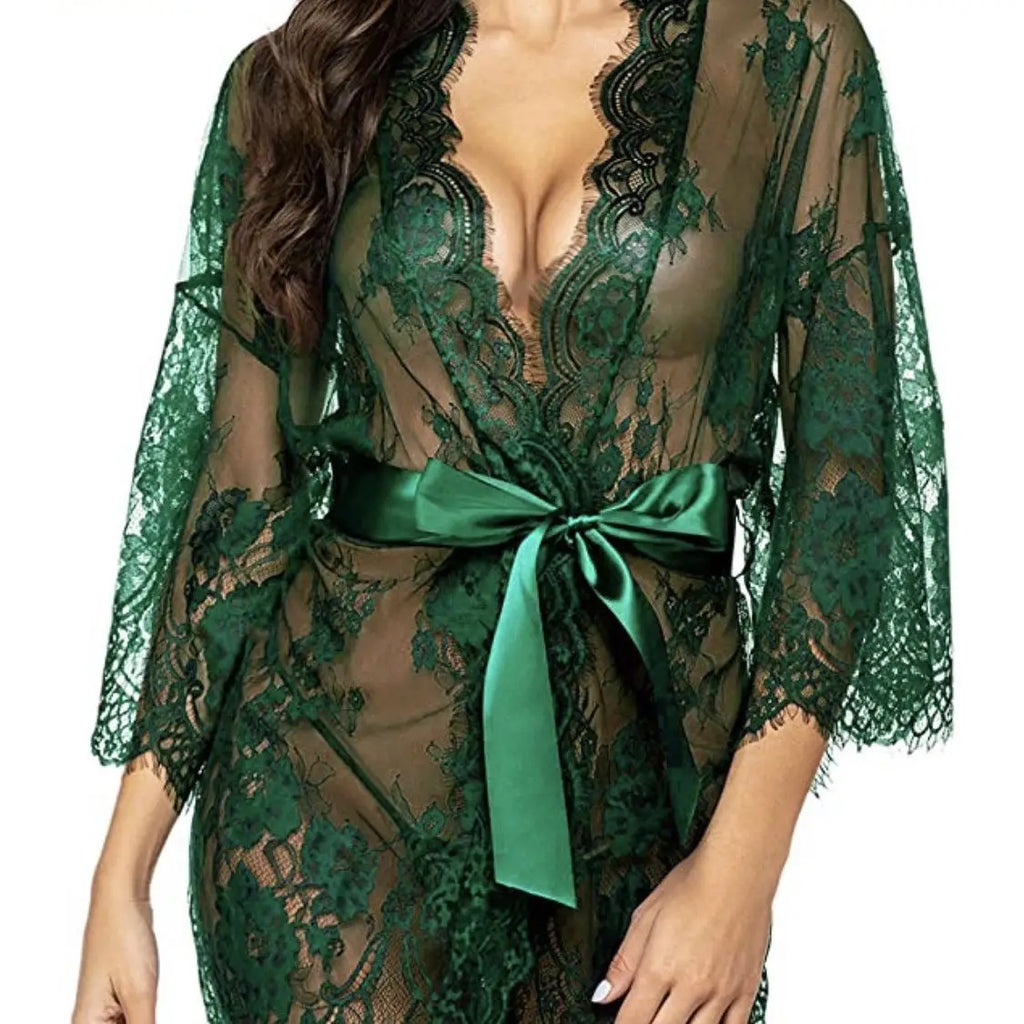 Romantic Lace Robe Set Women Sheer Floral Babydoll Lingerie Nightwear Belt Elegant Bridal Boudoir Sleepwear Mesh Nightgown