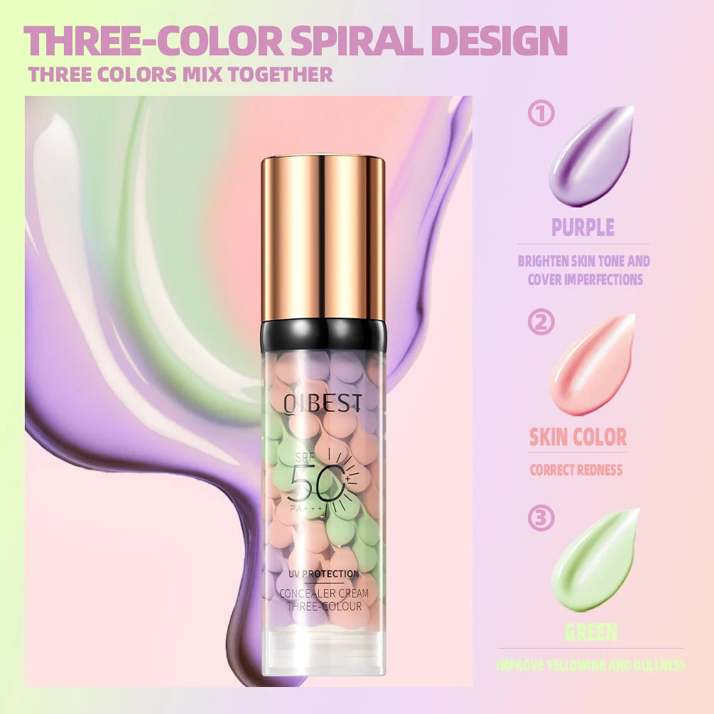 QIBEST Face Makeup Primer Tri-color Cream Brighten Contour Color Isolation Waterproof Foundation Natural Makeup Base Cream