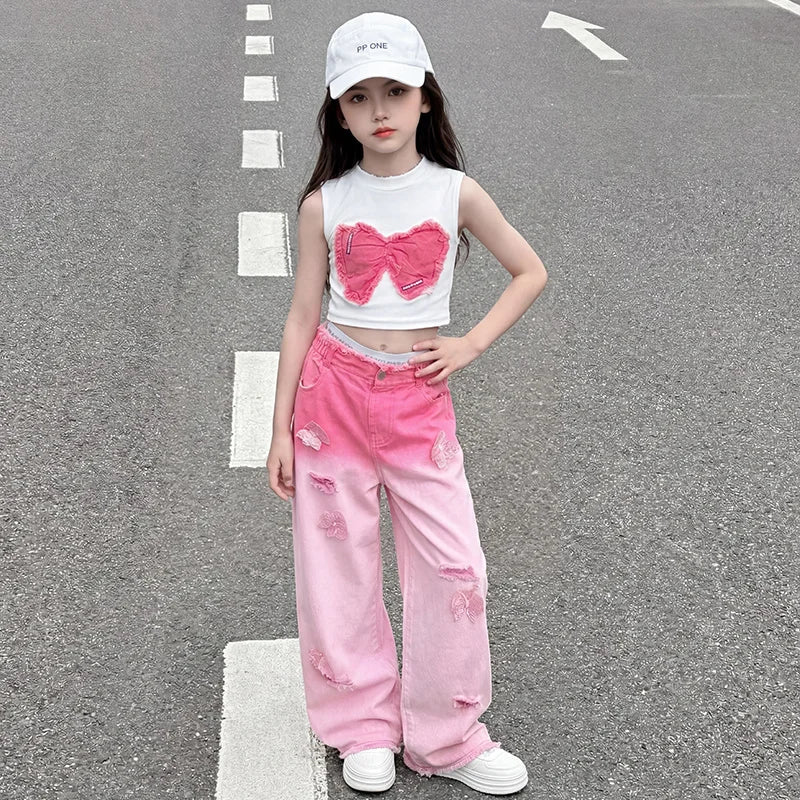 Teenage Girls Clothing Sets Hot Deals Bow Crop Top+Hole Wide Leg Jeans with Butterfly 2Pcs Fashion Gradient Child Clothes Suits