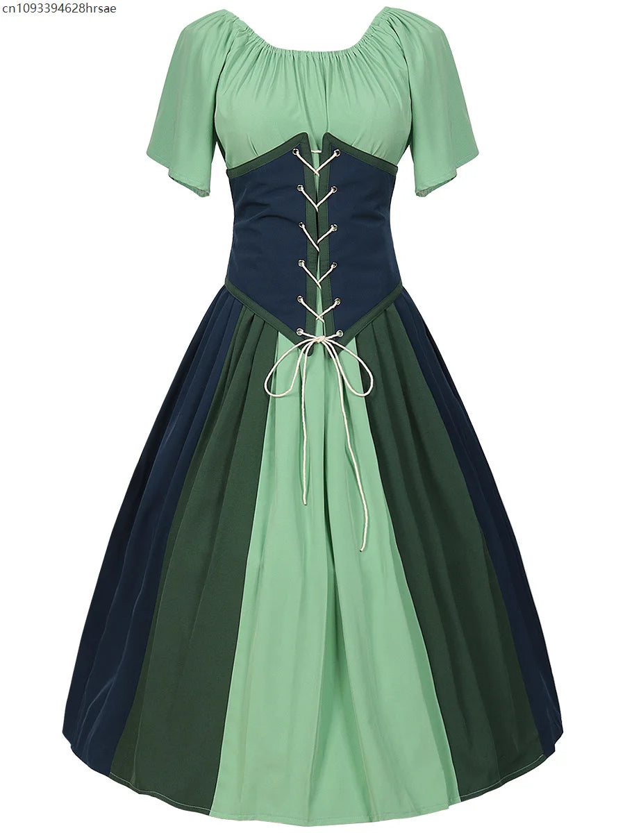 Costumes Halloween pour femmes,robe trapèze rétro médiévale,couleur contrastée,robe à épaules en un mot