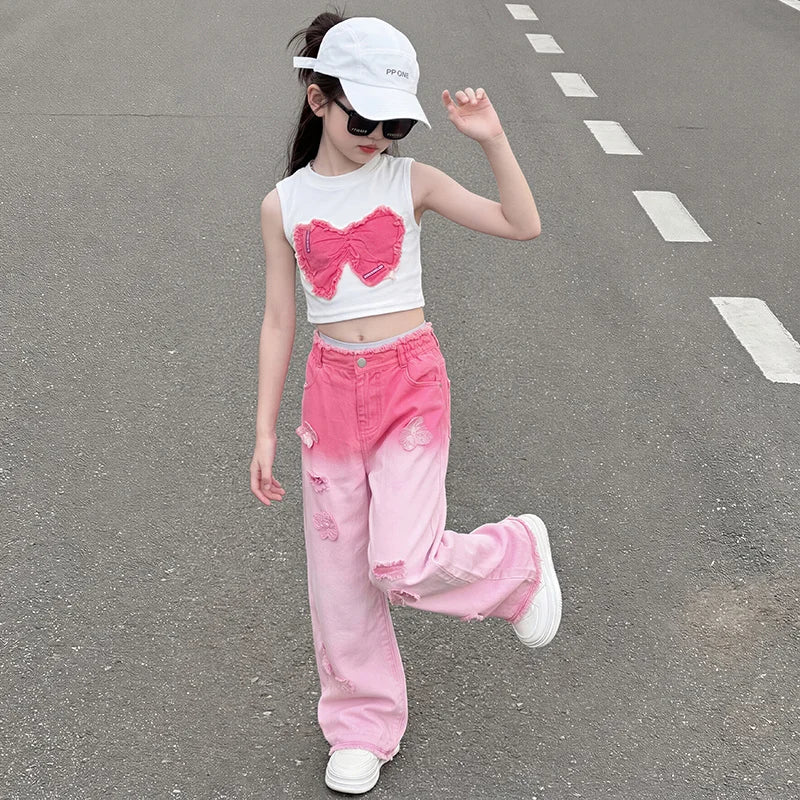 Teenage Girls Clothing Sets Hot Deals Bow Crop Top+Hole Wide Leg Jeans with Butterfly 2Pcs Fashion Gradient Child Clothes Suits