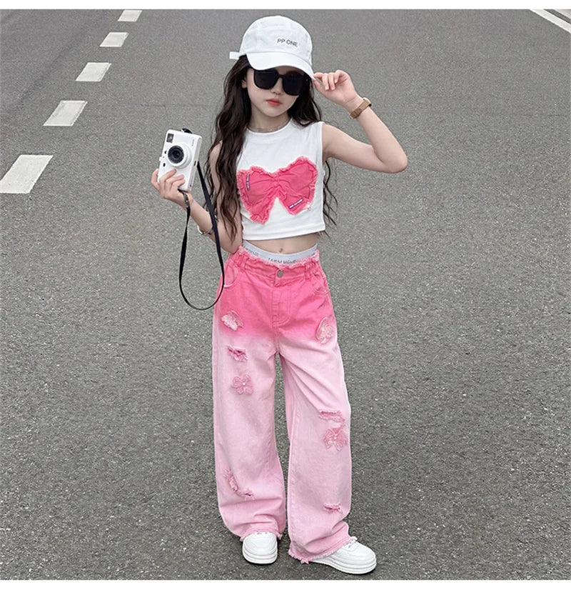 Teenage Girls Clothing Sets Hot Deals Bow Crop Top+Hole Wide Leg Jeans with Butterfly 2Pcs Fashion Gradient Child Clothes Suits