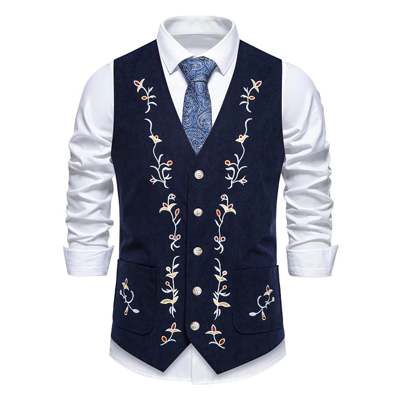 Western Corduroy Vest for Men Gothic Waistcoat Floral Embroidery Chaleco Vintage Hombre Steampunk Victorian Dress Men Suit Vest