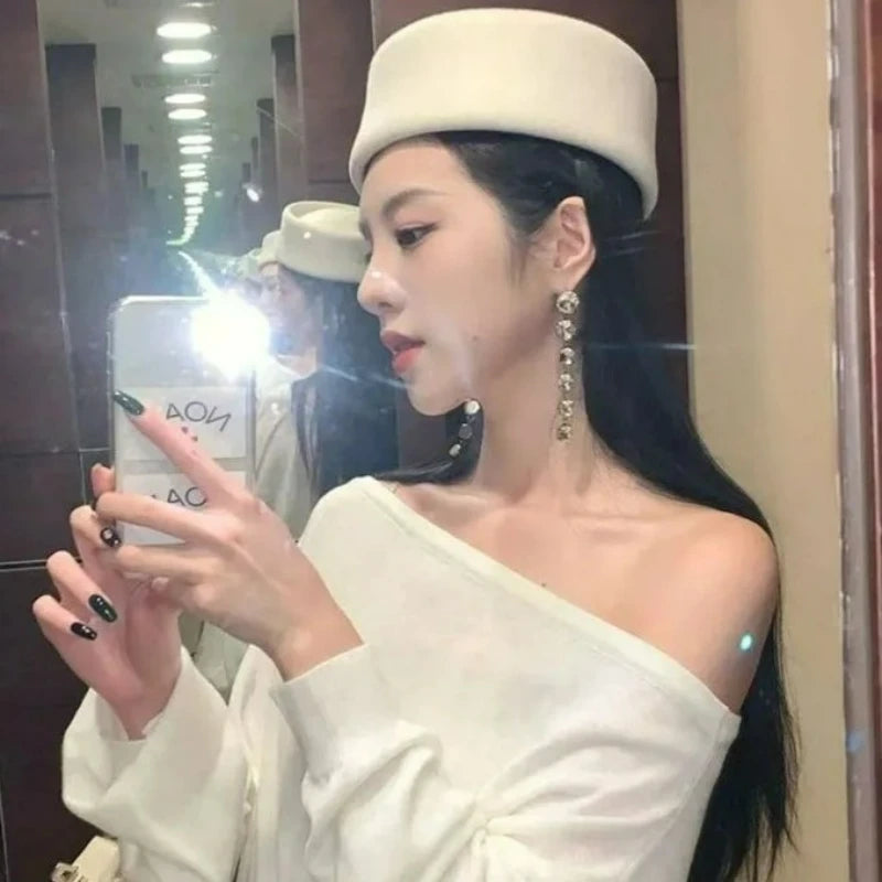 French Style Beret Hat Caps Airline Stewardess Flight Attendant Vintage Hat Black Flat Top Hat Hair Clip Hair Accessories