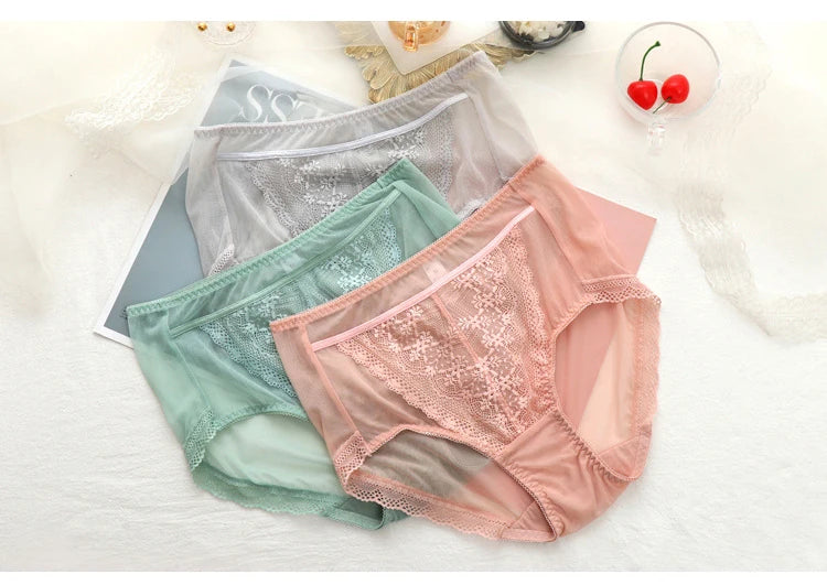 Women Transparent Lace Panties Large Sizes with High Waist Summer Sexy Mesh Hollow Out Briefs Women's Underwear Plus Size