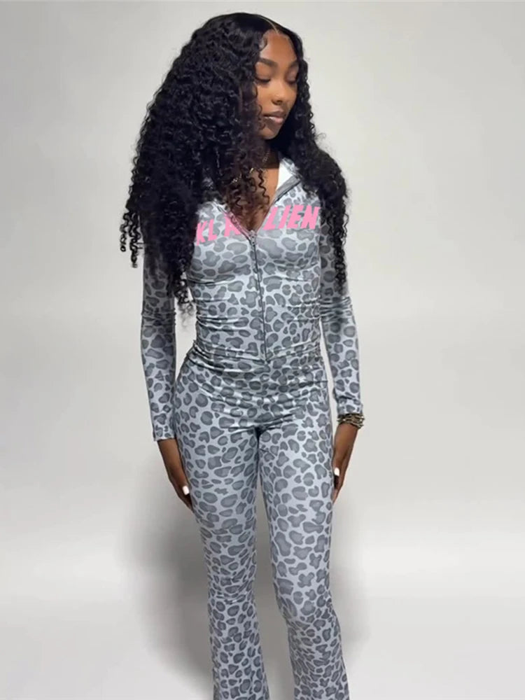 SiSterlinda Hooded 2 Piece Set Women Letter Leopard Zip Jacket+Flare Pants Casual Matching Stretch Sporty Streetwear Tracksuit