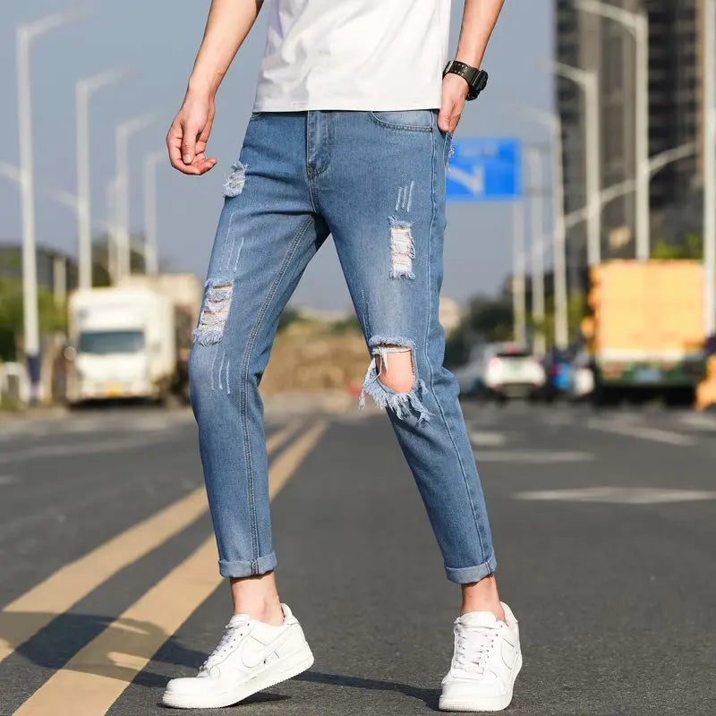 Men's Summer Thin Loose Straight Leg Jeans Casual Nine Point Ankle-Length Torn Elastic Cotton Denim Youth Fashion Wear