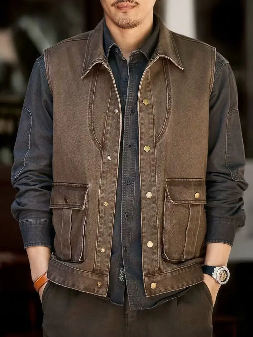 American Retro Workwear Denim Vest Men's Spring New Loose Casual Outdoor Jacket Coat Youth Urban Fashion All Seasons