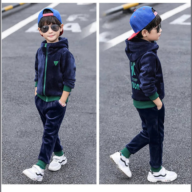 Boys Double-sided Velvet Sets Children Fashion Casual Hooded Suit Kids Autumn Winter Jackets+Pants 2Pcs Outfits Teenager Clothes