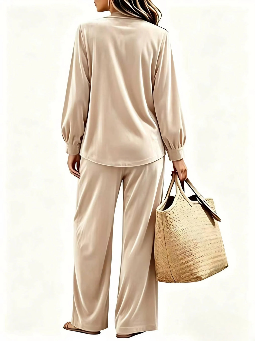 Women 2 Piece Outfit V Neck Button Decor Long Lantern Sleeve Top Wide Leg Pants Casual Fall Winter Matching Set With Pockets