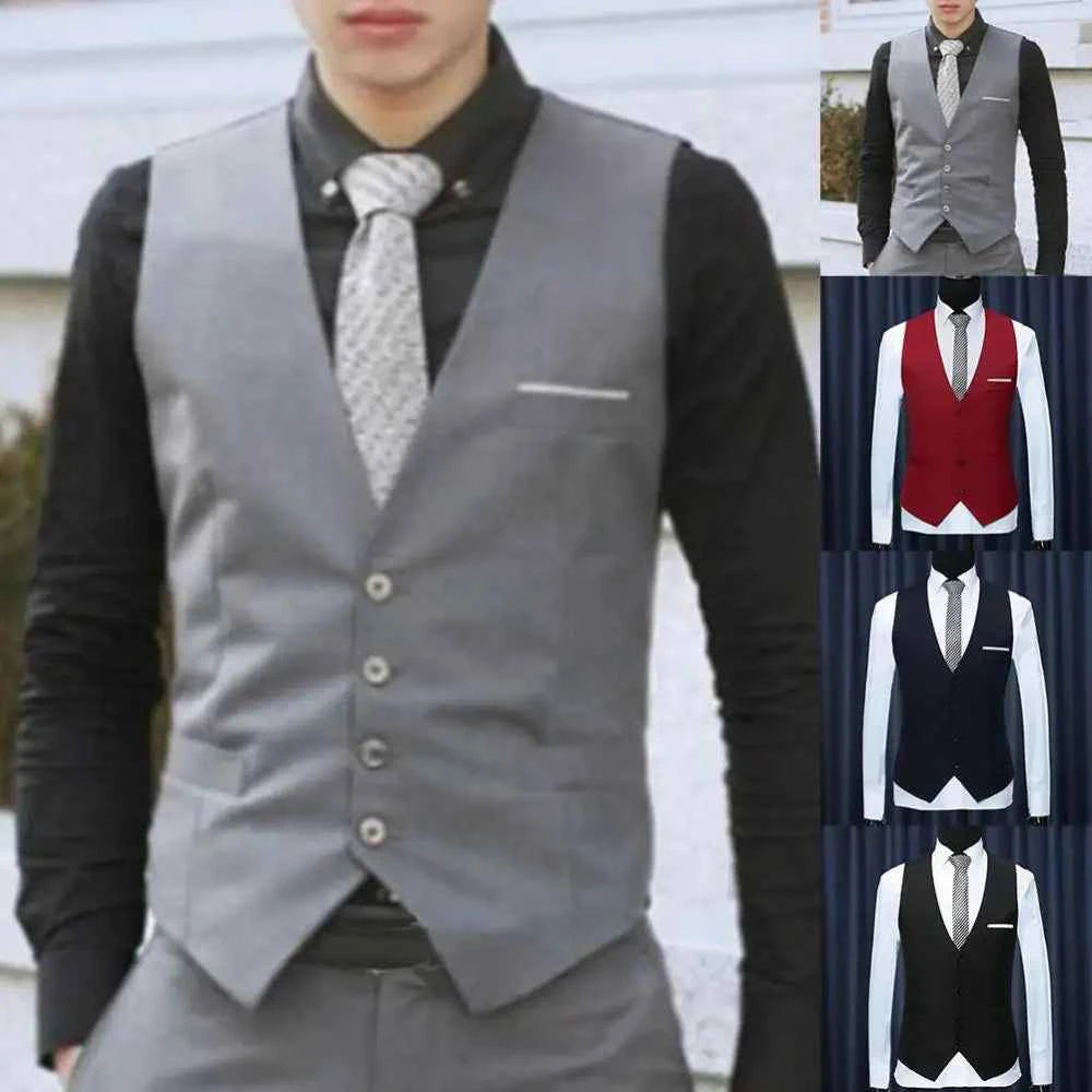 Men Slim Fit Mens Suit Vest High Quality Dress Vests Male Waistcoat Gilet Homme Casual Button Sleeveless Formal Business Jacket
