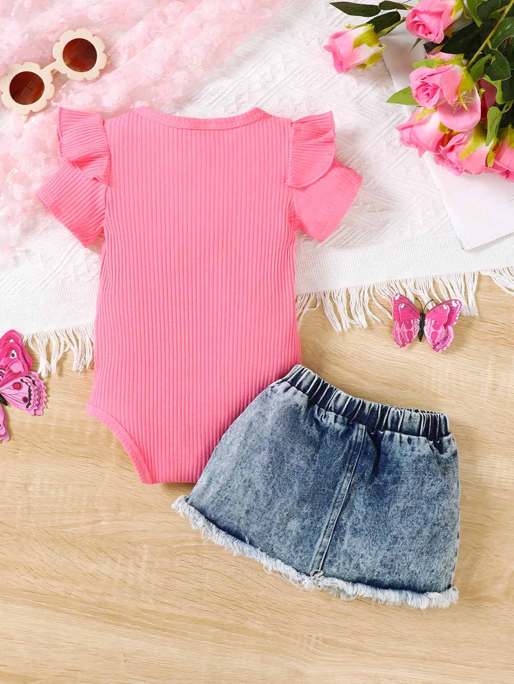 Newborn Baby Set - Mom's Girl Letter Printed jumpsuit+Cowboy Skirt 2Pcs/ Set Suitable for Cute Baby Girls 0-18 Months Summer Set