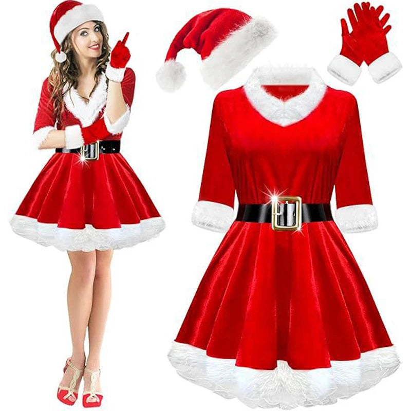 Women's Christmas Costume Set Santa Claus Outfit Velvet Dress With Striped Thigh-High Socks and Elf Hat