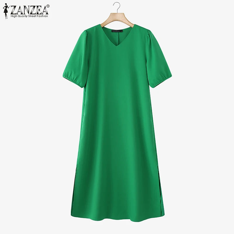 ZANZEA 2025 Fashion Summer Dress Women V Neck Short Sleeve Holiday Sundress Casual Loose Party Work Vestidos Kaftan Robe Femme