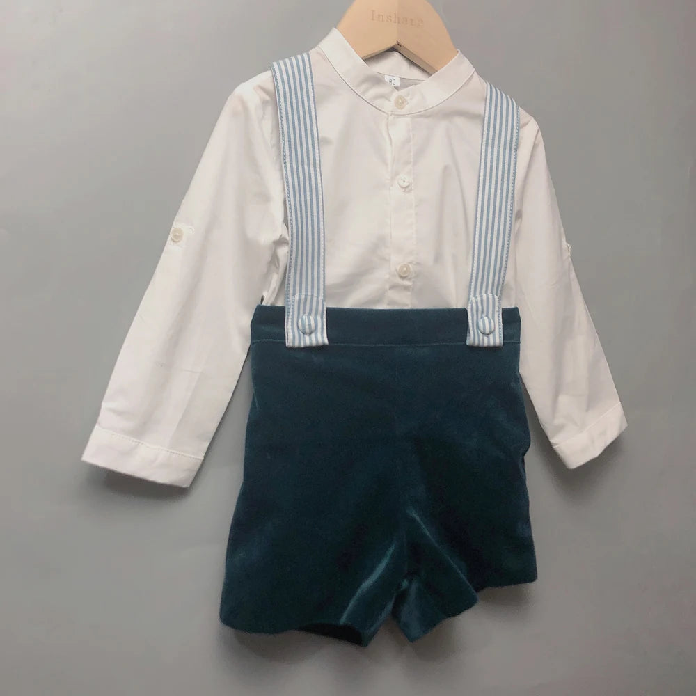 Children's Boutique Clothing Toddler Boys Green Velvet Strap Shorts Suits Cotton Long Sleeve Shirts Siblings Baptism Eid Dresses