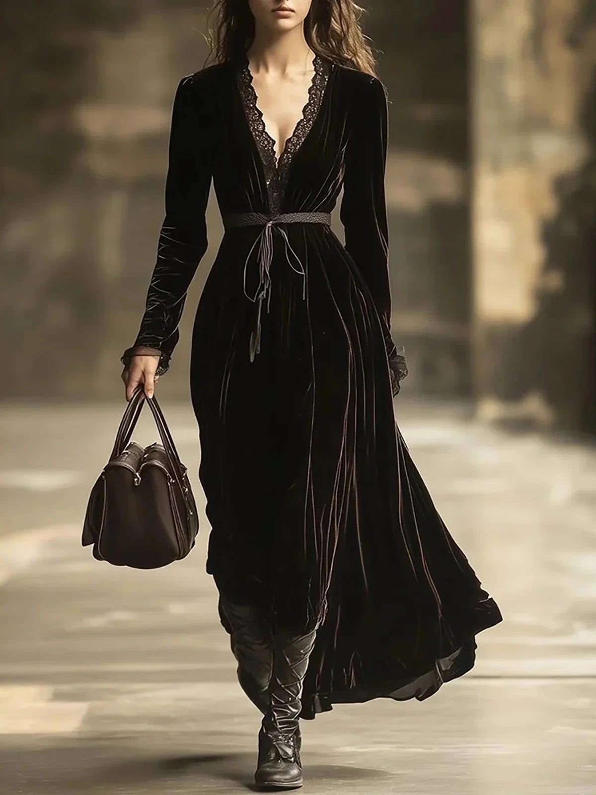 Vintage French Velvet Women's Dress Lace Patchwork V-Neck Long Sleeve Autumn Nightgown Dress Female Casual  Maxi Chic Dresses