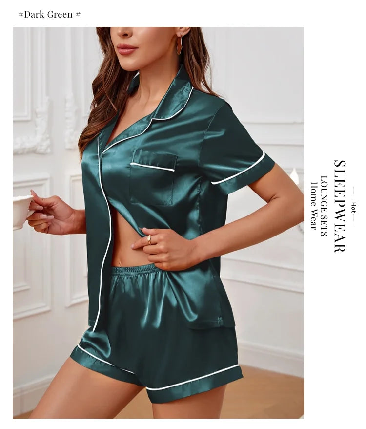 Elegant Satin Solid Pajamas Set Short Sleeve Lapel Buttons Top And Shorts Breathable Fabric Skin-Friendly Fit Women's Sleepwear
