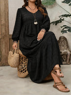 Plus Size Women Solid Textured Dress Stretchy V Neck Lantern Sleeve Loose Tiered Casual Maxi Dress