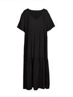 plus Size Women's Casual Loose V-Neck Solid Long Dress Spring Summer Pleated Big Size Women's Dress