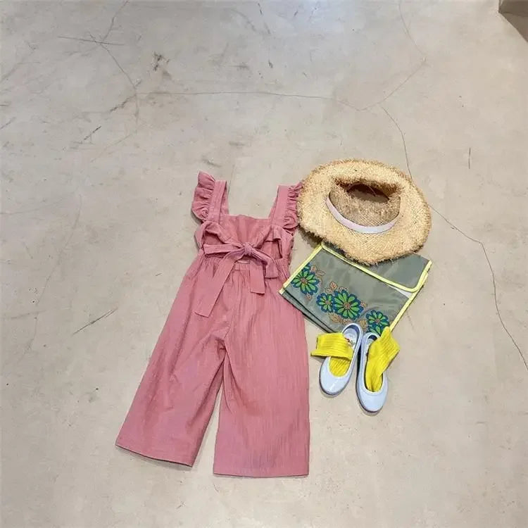 Baby kid Girl Princess Cotton Ruffle Jumpsuit Summer Child Overall Backless Outfit Strap Pant Baby Clothes Solid Color 2-9 Yrs