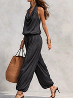 Women 2 Piece Outfit Pleated Collar Sleeveless Vest & Casual Pants Set Elegant High End Commuter Matching Suit European Style