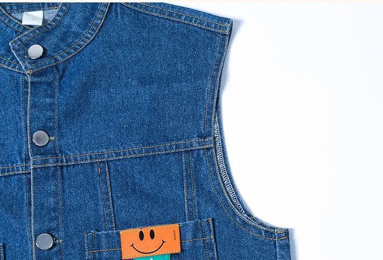 New Fashion Kids Girl Denim Vest Wasitcoat with Smile Face Outerwear Vintage Blue Children Casual Sleeveless Denim Jacket Outfit