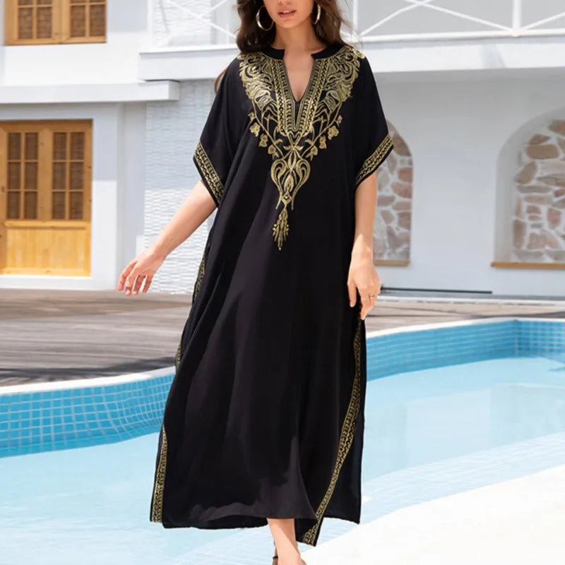 Boho Dress Women's Fashion Cotton Embroidered Beach Sun Protection Dresses For Women Loose Robe Bikini Swimsuit Outer Blouse