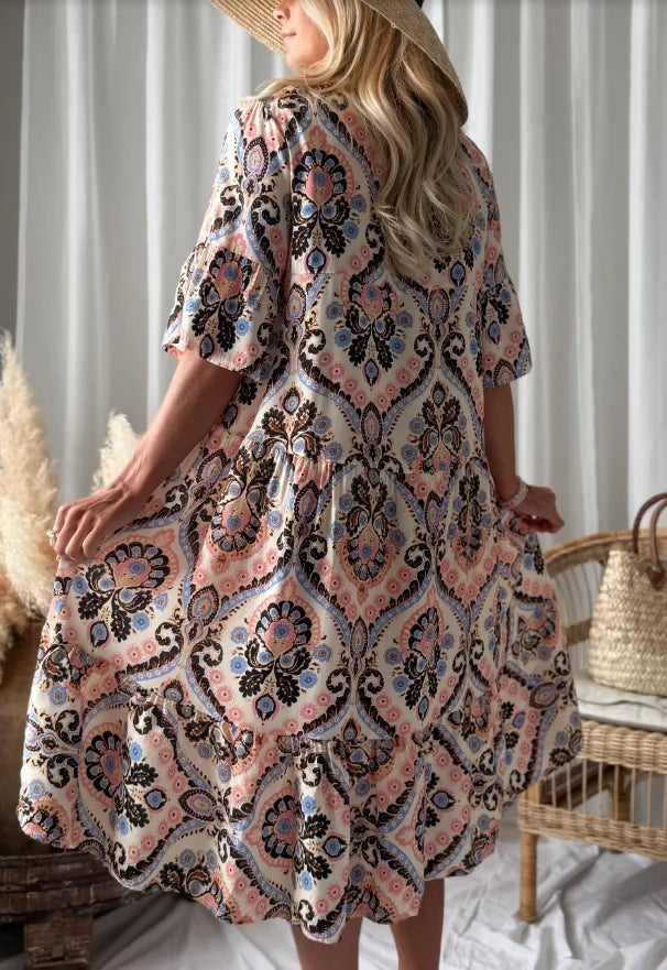 New Plus Size Women Boho Paisley Print Shirt Dress, Casual Flowy Ruffle Hem Long Dress for Summer Vacation Daily Wear