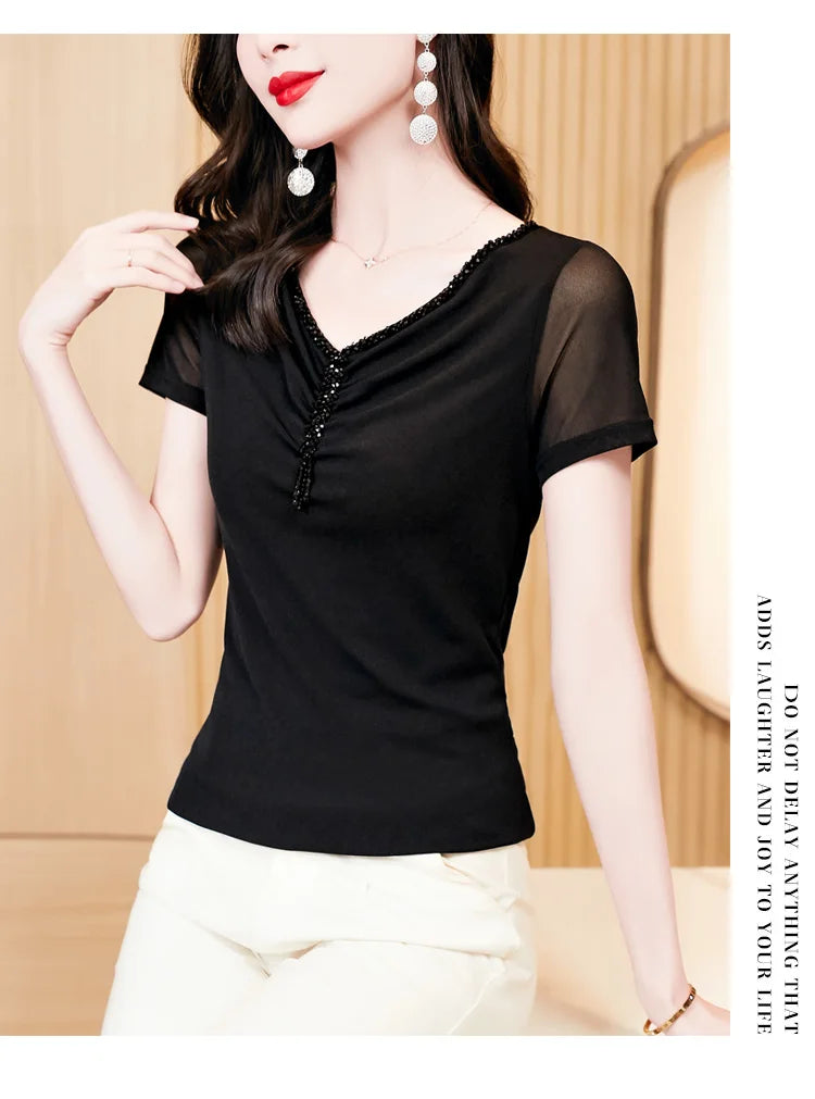 Women Fashion Diamonds V-neck Short Sleeve T-shirts Tops Girls High Stretchy Sheath Mesh Tee Shirts For Woman
