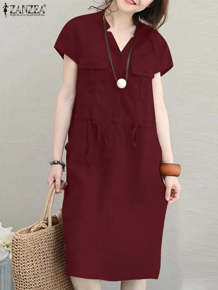 Summer Fashion Short Sleeve Dress ZANZEA Women Casual Drawstring Waist Vestidos Knee-length Robe Femme Elegant OL Work Sundress