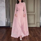 Women Robe Dress Hot Drills Long Shawl Sleeves Chiffon Party Middle