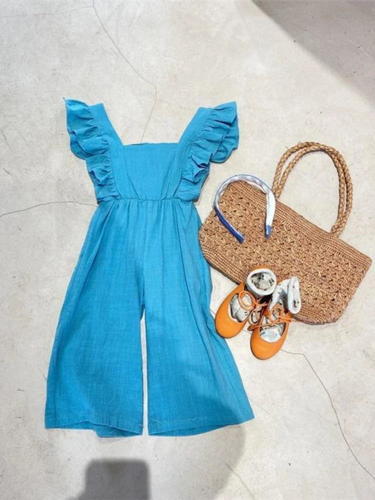 Baby kid Girl Princess Cotton Ruffle Jumpsuit Summer Child Overall Backless Outfit Strap Pant Baby Clothes Solid Color 2-9 Yrs