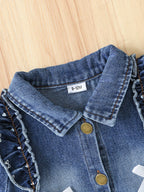 2Pcs Toddler Girl Denim Set, Ruffle Bow Cropped Jacket Flared Jeans Outfit 1-2Y
