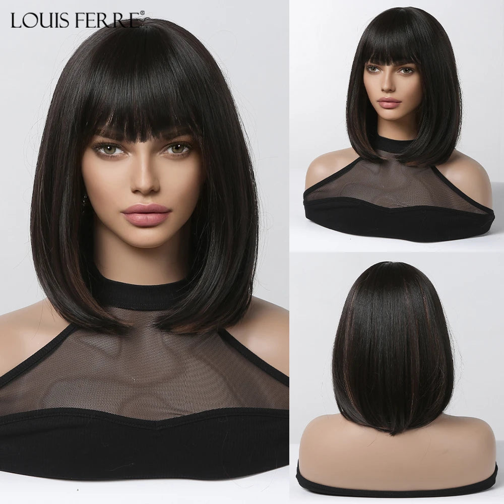 LOUIS FERRE Short Blonde Highlight Brown Bobo Wigs For Women Daily Cosplay Natural Straight Wig High Temperature Synthetic Wigs
